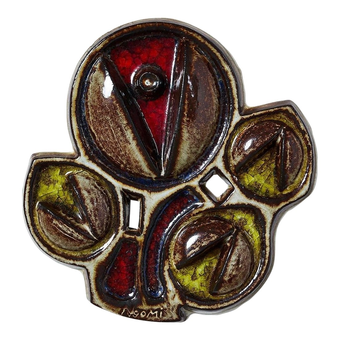 Danish Ceramic Wall Plaque Circa 1960s: I love this brooch-like wall plaque by Noomi Backhausen. It is made of glazed ceramic and was produced for the Soholm Pottery in Denmark. Add this wonderfully jewel-like piece to any wall. Condition:
