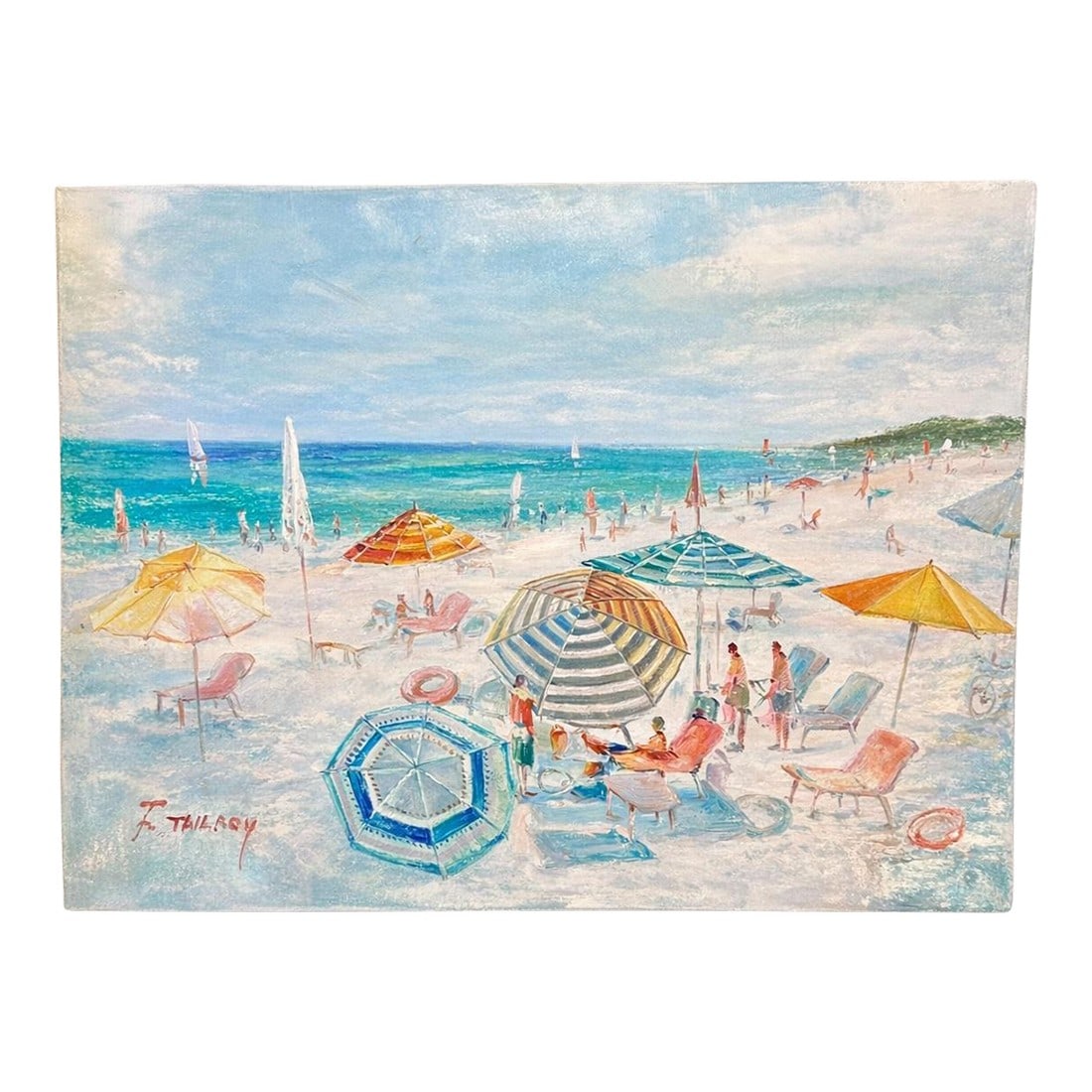 Original Beach Seascape Oil Painting – Colorful Umbrellas Coastal by Tailroy – 12" X 16": Charming original impressionist beach scene oil painting by artist F. Tailroy, depicting a lively shoreline filled with colorful umbrellas, figures relaxing along the surf, sailboats on turquoise wate