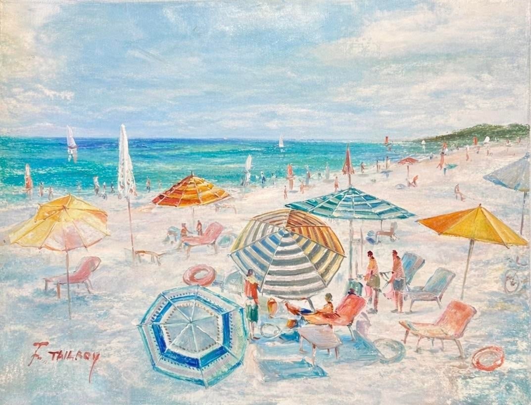 Original Beach Seascape Oil Painting – Colorful Umbrellas Coastal by Tailroy – 12" X 16" - 2