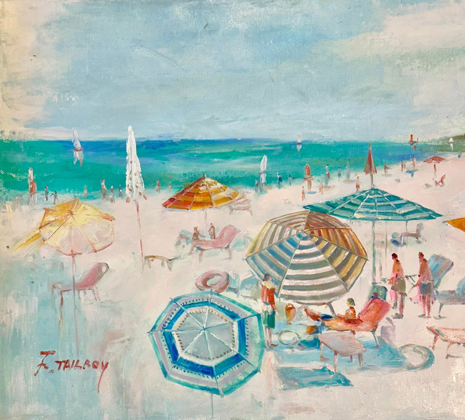 Original Beach Seascape Oil Painting – Colorful Umbrellas Coastal by Tailroy – 12" X 16" - 3