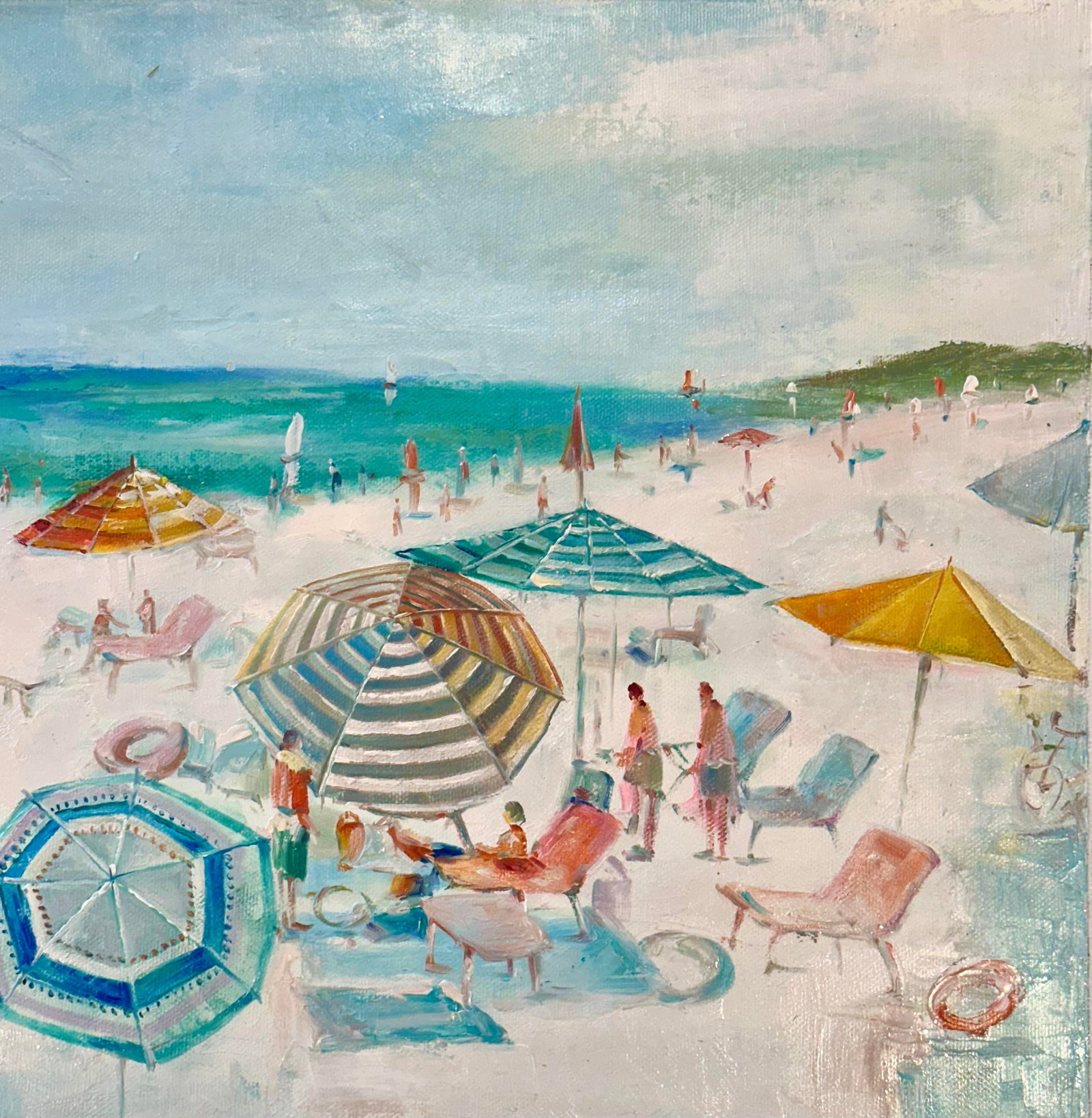 Original Beach Seascape Oil Painting – Colorful Umbrellas Coastal by Tailroy – 12" X 16" - 4