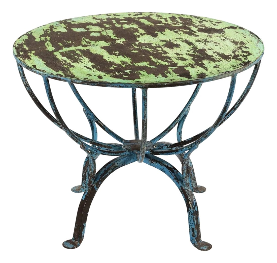 1990s Rustic Brown Wood Round End Table With Teal Iron Base – 1 Piece: Imagine a piece of furniture that tells a story of time, travel, and artistic soul. Our Vintage Distressed Metal Round End Table is more than just a surface; it is a captivating conversation starter d