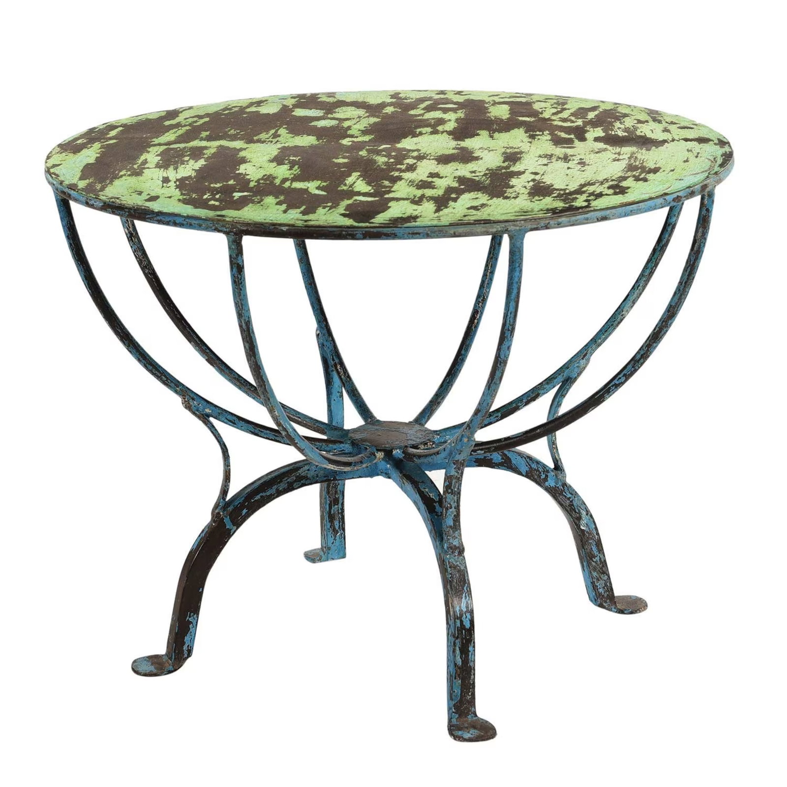 1990s Rustic Brown Wood Round End Table With Teal Iron Base – 1 Piece - 2