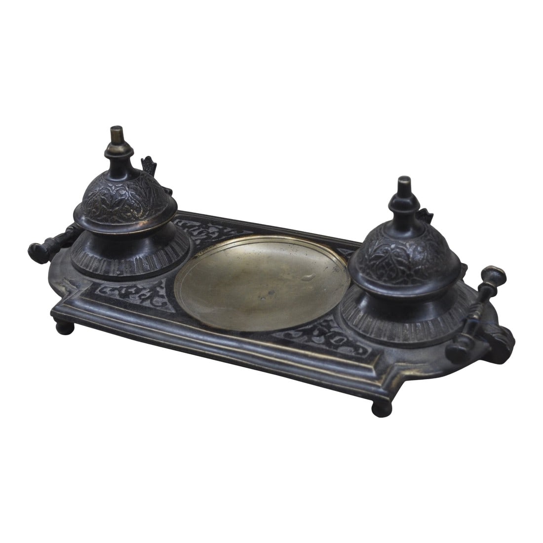 Victorian Brass Inkwell Stand With Floral Filigree | Double Ink Pot Desk Organizer |Ornate Home Offi: Step into a world of refined history and timeless sophistication with this exquisite Antique Brass Inkwell from 19th-century India. Imagine the quiet scratch of a quill across parchment in a colonial 