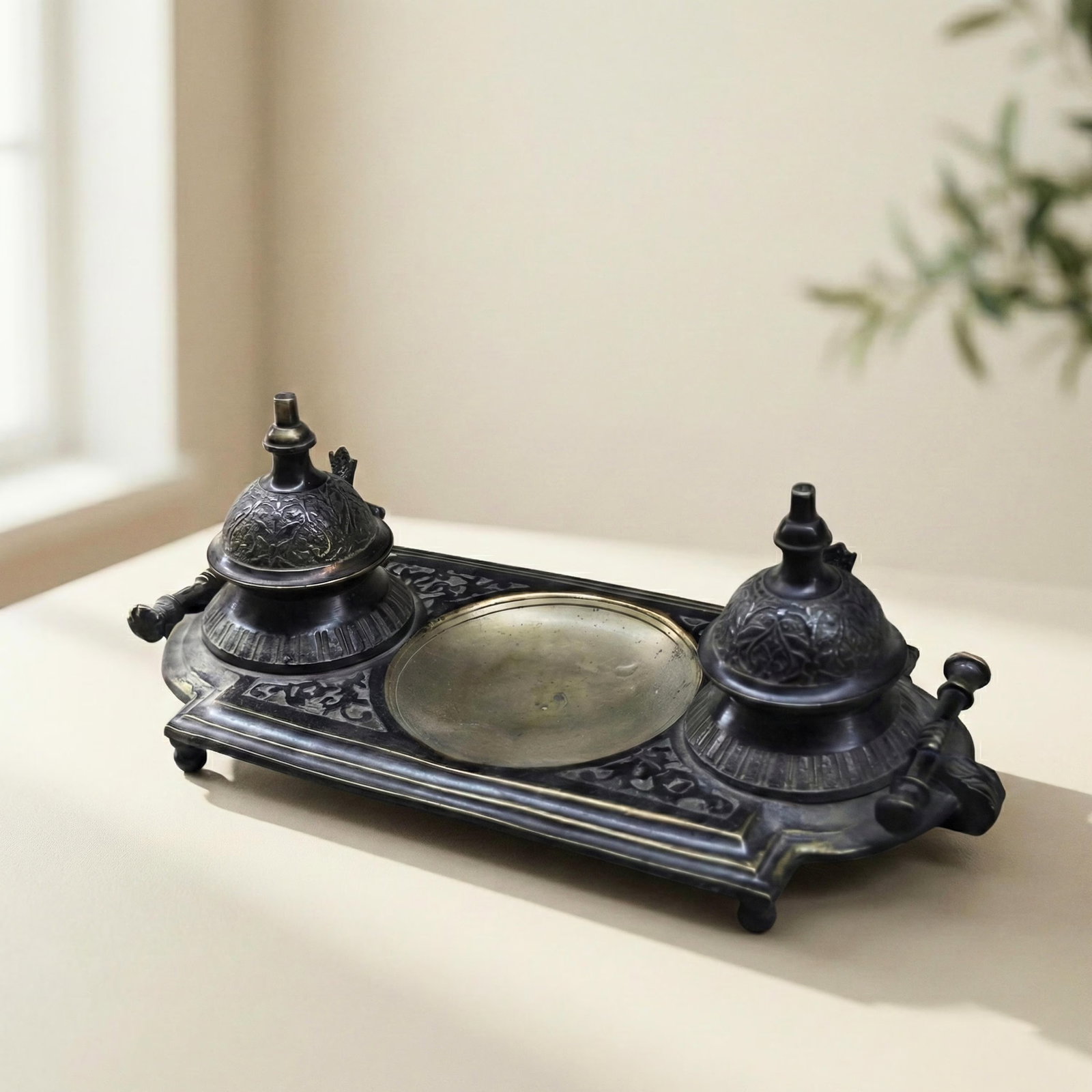 Victorian Brass Inkwell Stand With Floral Filigree | Double Ink Pot Desk Organizer |Ornate Home Offi - 2