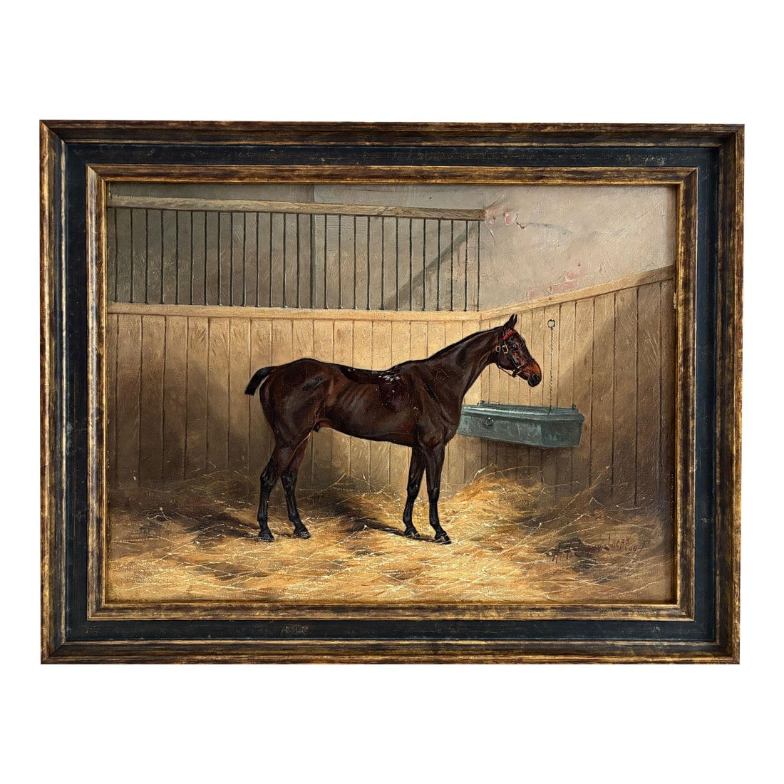 1895 "Portrait of a Bay Hunter" Antique Horse Painting Oil on Canvas by Henry Frederick Lucas Lucas: Here is a classic antique British sporting painting of a bay hunter horse in a loose box stall by Henry Frederick Lucas Lucas (British, 1848-1943). This original oil on canvas painting was recently