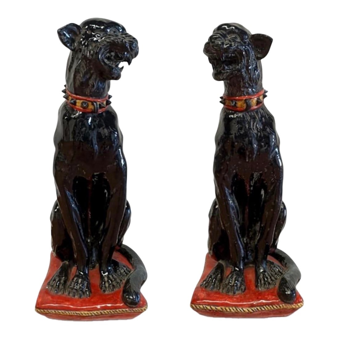 Pair of Ceramic Panther Statues: This striking pair of ceramic black panther statues captures the bold, sophisticated spirit of Mid-Century Italian design. Handcrafted by master Florentine artisans, each 35-inch figure is rendered