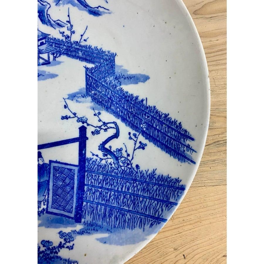 Antique Japanese Blue and White Porcelain Charger Plate With Pictorial Spring Scene - 2