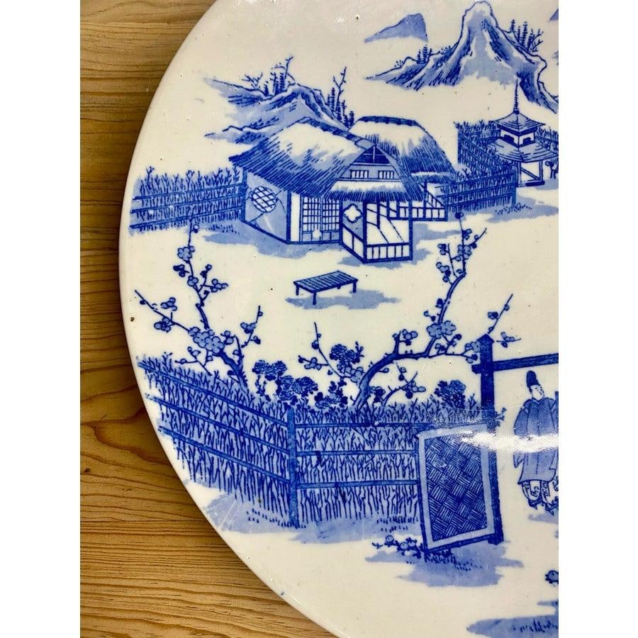 Antique Japanese Blue and White Porcelain Charger Plate With Pictorial Spring Scene - 3