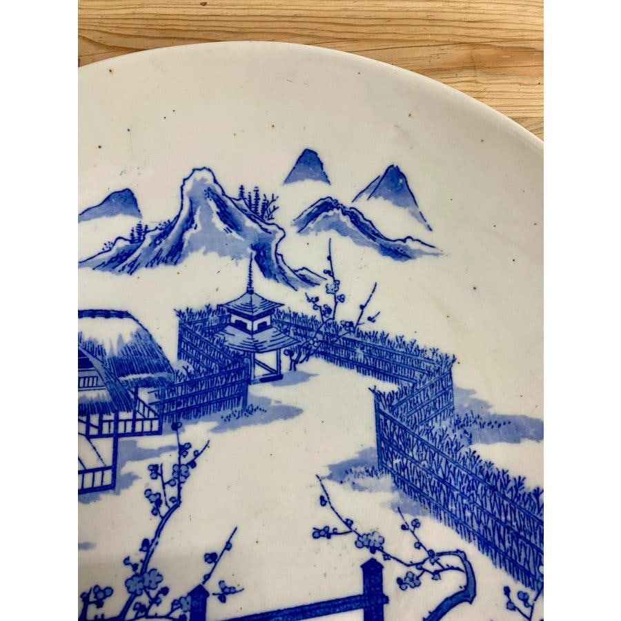 Antique Japanese Blue and White Porcelain Charger Plate With Pictorial Spring Scene - 4