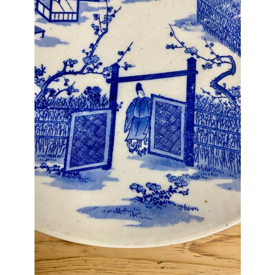 Antique Japanese Blue and White Porcelain Charger Plate With Pictorial Spring Scene - 5