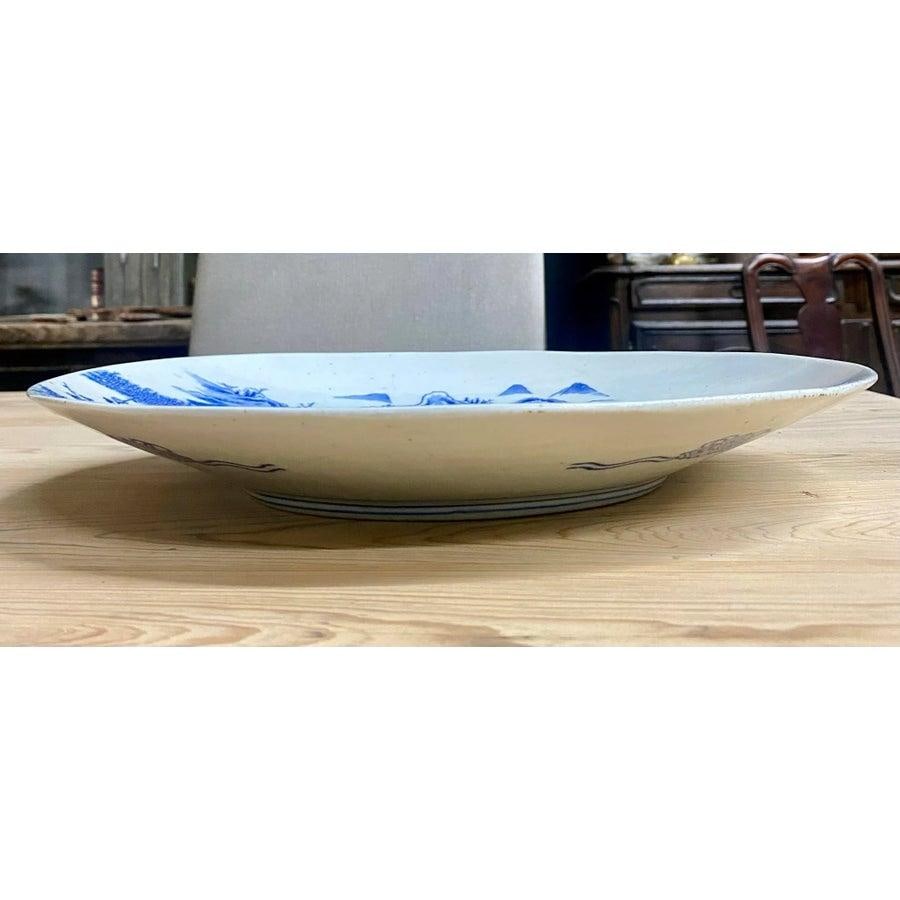 Antique Japanese Blue and White Porcelain Charger Plate With Pictorial Spring Scene - 7