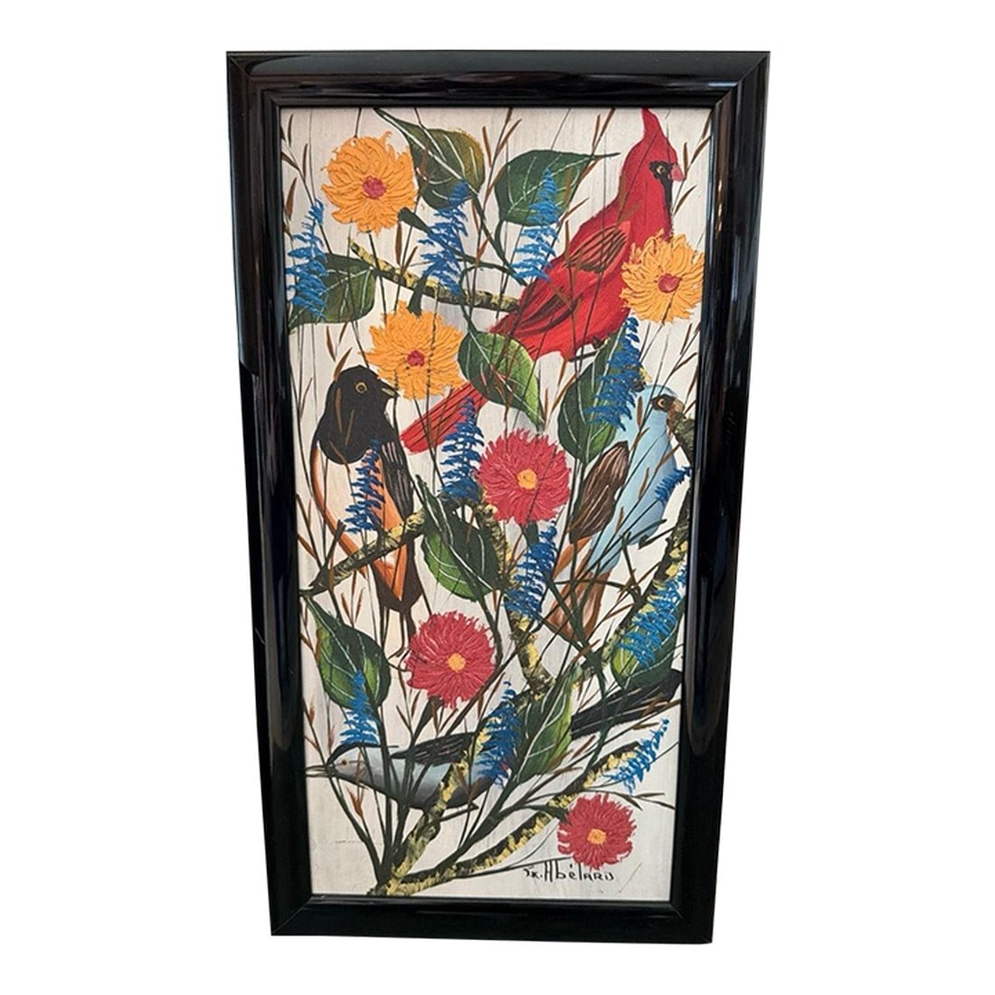 1960s Gesner Abelard Original Haitian Mid-Century Modern Painting: Original Haitian Mid-Century Modern oil painting by Gesner Abelard, featuring birds in a flowering bush. This vibrant folk art piece showcases Abelard's signature style with bold, textured impasto