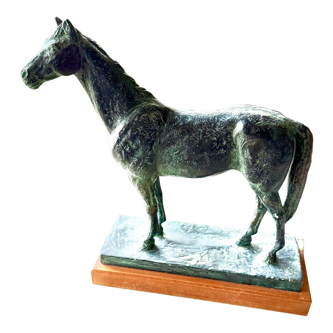 Vintage Bronze Horse Sculpture With Green Patina on Marble: Striking bronze horse sculpture featuring beautiful natural green patina, mounted on substantial black marble base with wood accent. The dynamic rearing pose captures equine power and
