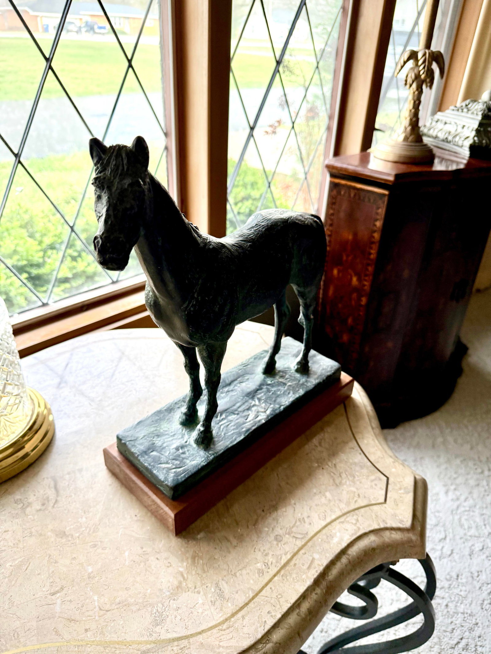 Vintage Bronze Horse Sculpture With Green Patina on Marble - 2
