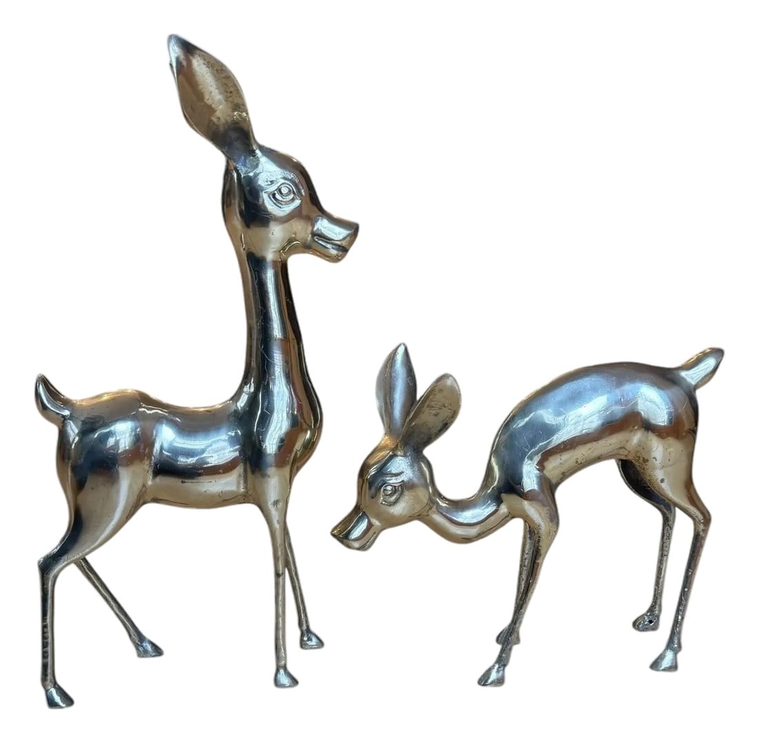 Vintage Solid Brass Large Deer Boho Bambi Fawn Doe: These are vintage large-sized mid-century modern brass deer sculptures, often referred to as a "Bambi" set, consisting of a standing doe and a grazing fawn. Solid brass featuring distinct patina from