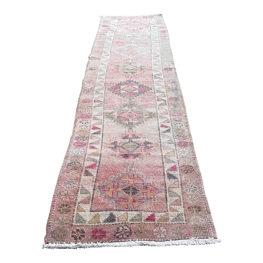 1940s Vintage Kurdish Organic Wool Handmade Herki Pink Runner Rug: All rugs have been professionally cleaned; original condition is not altered, age-related wear is considered normal in these unique, hand woven vintage rugs. It is common for slight variations in
