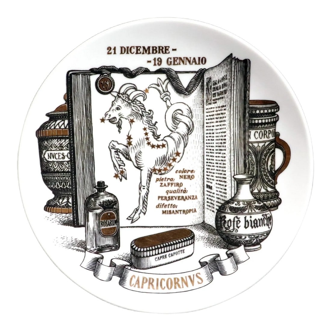 Piero Fornasetti Capricorn Zodiac Porcelain Plate, the Zodiac Pharmacopoeia: Cosmic Cabinet of Curiosities: Fornasetti "Zodiac Pharmacopoeia" Capricorn Plate Circa 1960s Discover a witty fusion of ancient astronomy, classic apothecaries, and mid-century Italian design with