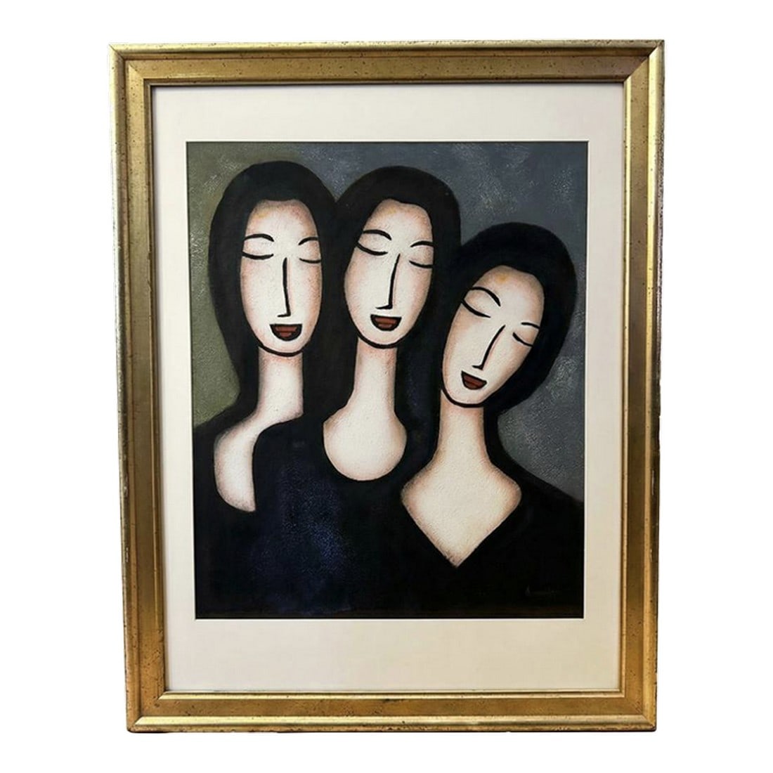 Late 20th Century Modern Expressionist 3 Female Heads Oil on Canvas Signed "Atwood": This modern expressionist painting of three female heads is titled "Split Personality" and signed "Atwood". Beautiful oil on canvas. Striking deep colors. Framed in gold wood with white matte and