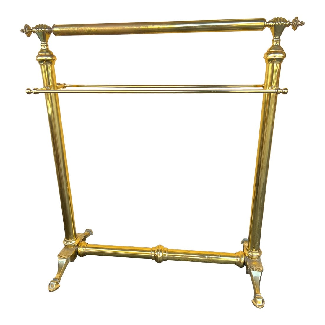 Late 19th Century Victorian Brass Quilt Blanket Rack Stand Holder With Clasped Hands: Clasped Hands Victorian Andre Arbus Style Brass Quilt Rack or Blanket Stand Holder Fantastic vintage Beaux Arts style blanket holder attributed to Andre Arbus. Item features a solid brass frame with f