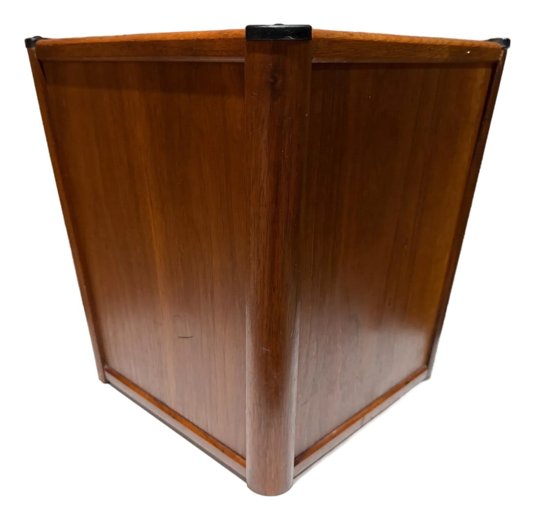 Mid-Century Modern Wood Walnut Waste Basket Paper Barrel Nucraft: For your consideration, a vintage Mid-Century Modern wood waste basket, identified as a walnut waste paper barrel manufactured by Nucraft. Features a striking rectangular, minimalist design with rich