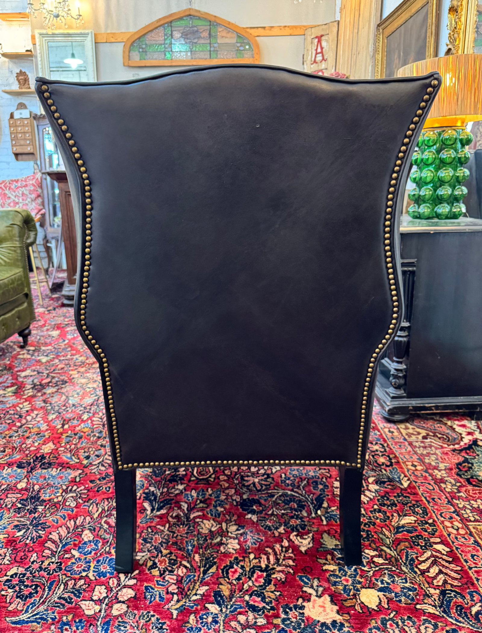 Pair of Vintage Black Leather Wingback Chairs With Brass Nailhead Trim - 5