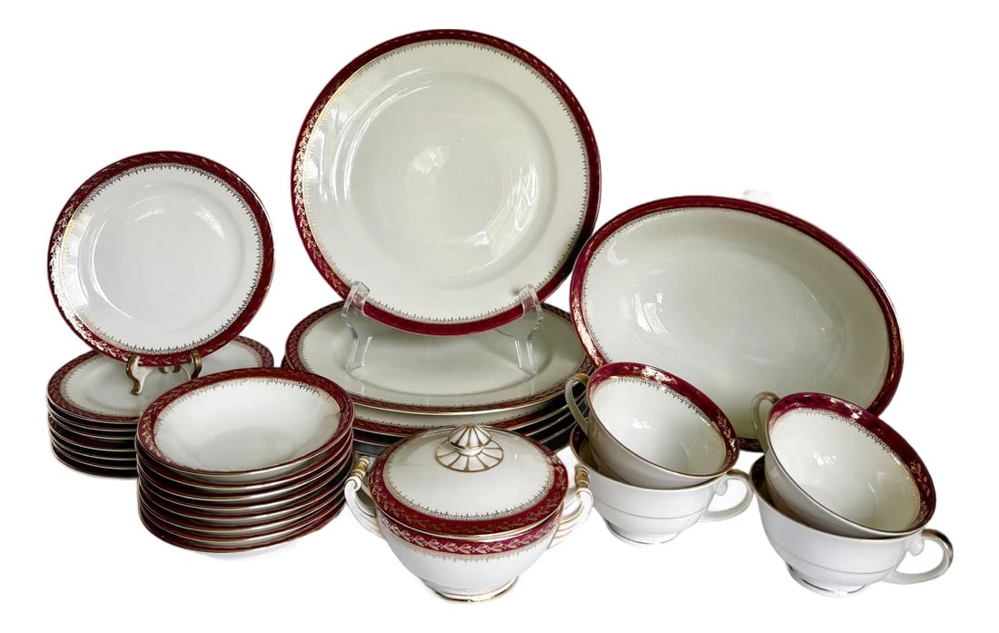 1920s Moritz Zdekauer Raspberry and Gold Porcelain Czechoslovakia Dinnerware Set of 28 Pieces: Here is a beautiful early 20th century porcelain dinnerware set by MZ Austria (Moritz Zdekauer), dating to the 1920s–1930s, featuring a vibrant raspberry border accented with delicate gilt gold 