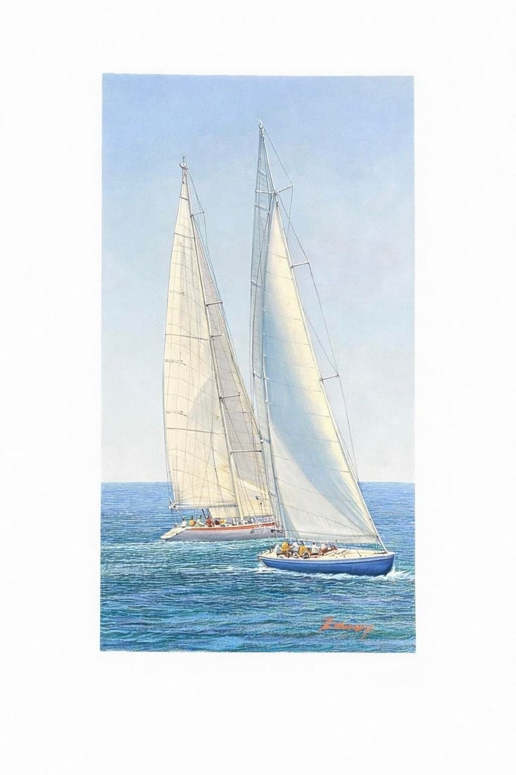 Sailboat Racing Nautical Yacht Scene – Original Vertical Painting by Tailroy, Unstretched - 2