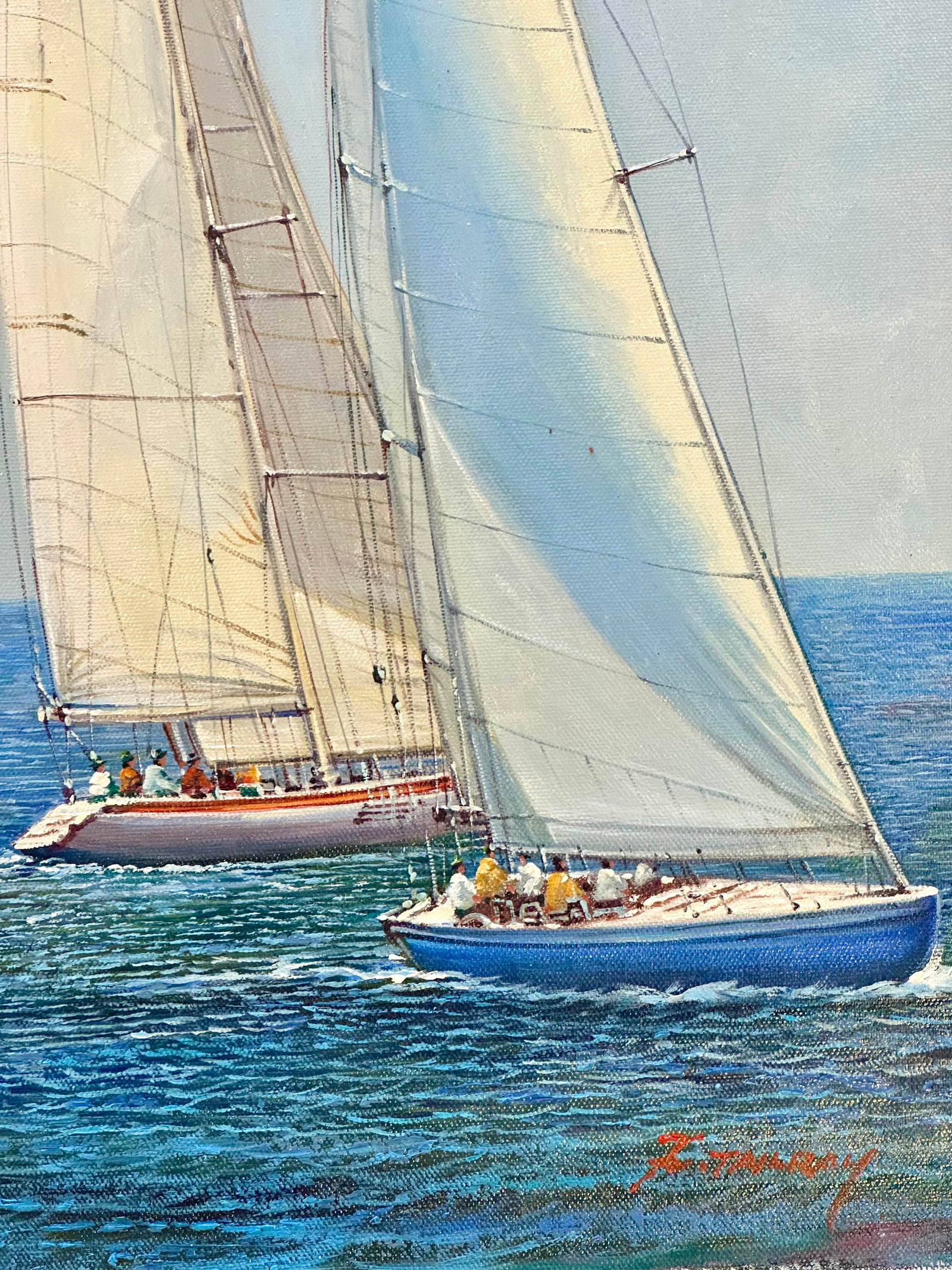 Sailboat Racing Nautical Yacht Scene – Original Vertical Painting by Tailroy, Unstretched - 3