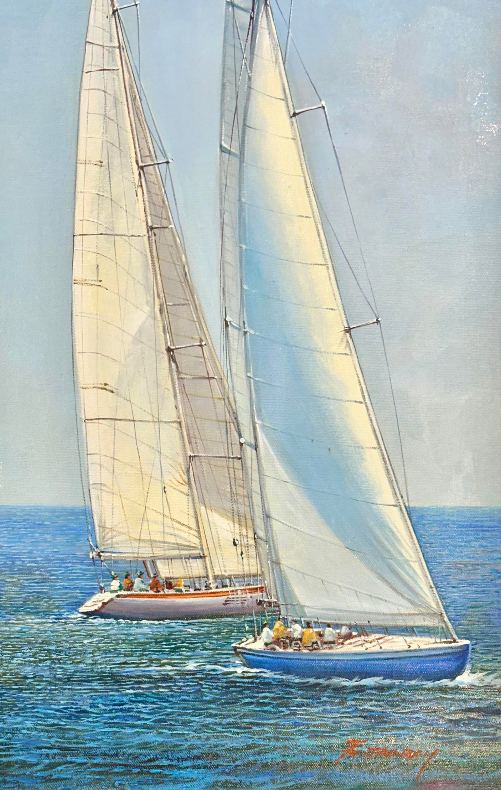 Sailboat Racing Nautical Yacht Scene – Original Vertical Painting by Tailroy, Unstretched - 4