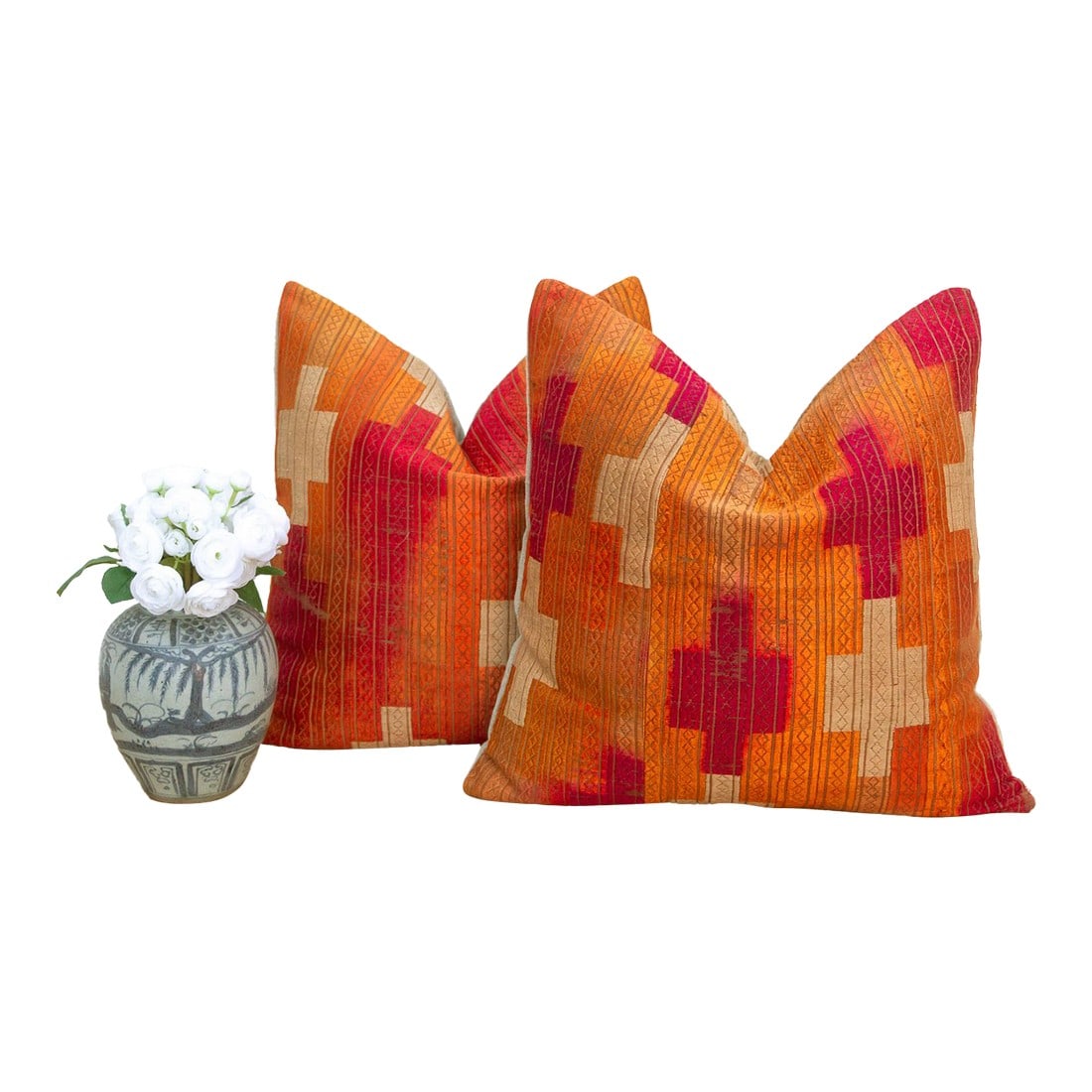 Tapurthala Mosaic, a Pair Heirloom Bagh Phulkari Pillows: This curated set of two 18-inch square pillows represents a rare pinnacle of Museum-Grade Phulkari, repurposed from a single, exceptional 19th-century Heirloom Bagh. Sourced from the same ceremonial w