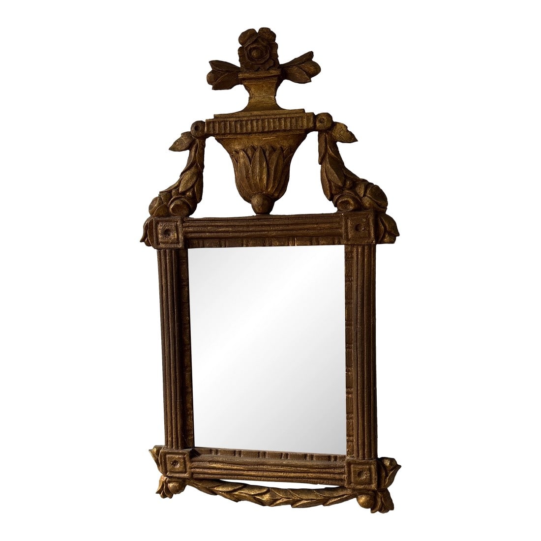 Mid 19th Century Neoclassical Urn and Floral Carved Gilt Mirror: Neoclassical Gilded Mirror. Carved Urn Pediment ,Floral Swags and Reeded Frame. Northern European 19th Century Condition: Alterations: Original Condition Unaltered Imperfections: Some Imperfections