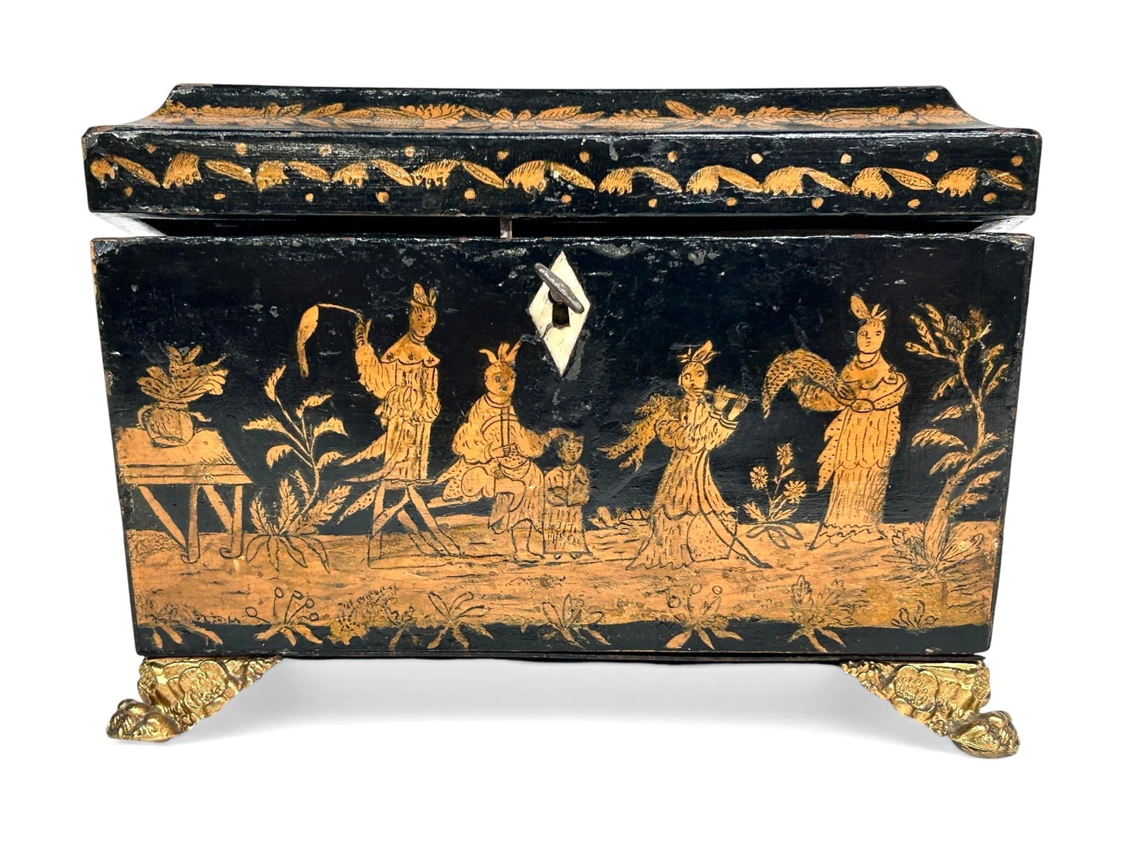 19th Century England Regency Chinoiserie Black Lacquer Tea Caddy - 2