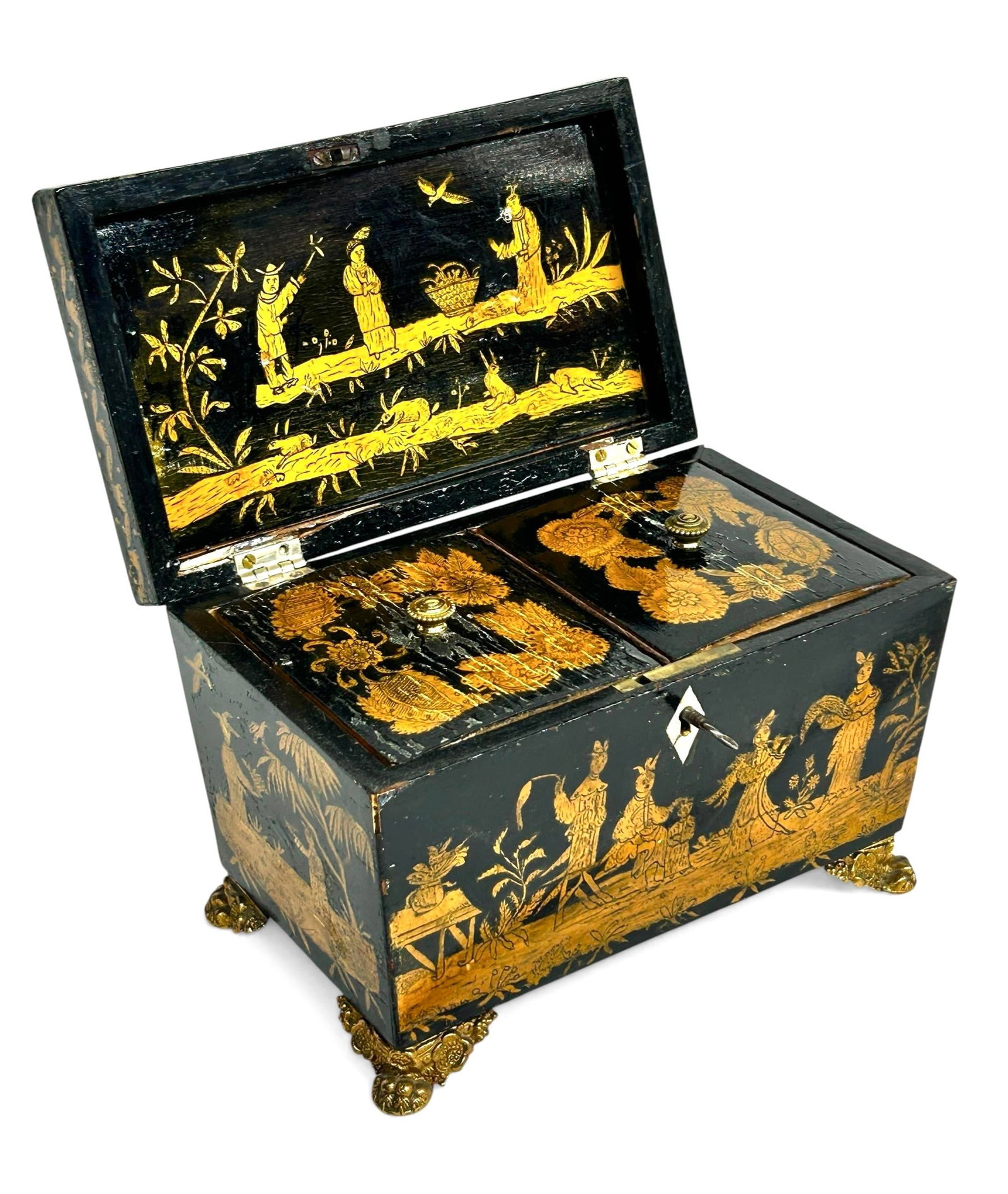 19th Century England Regency Chinoiserie Black Lacquer Tea Caddy - 7
