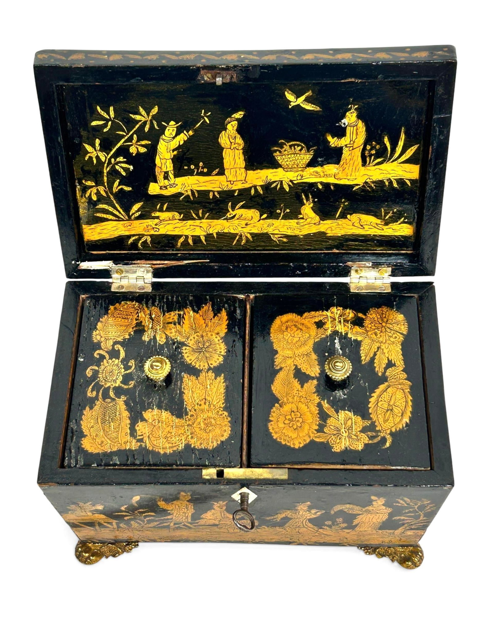 19th Century England Regency Chinoiserie Black Lacquer Tea Caddy - 8