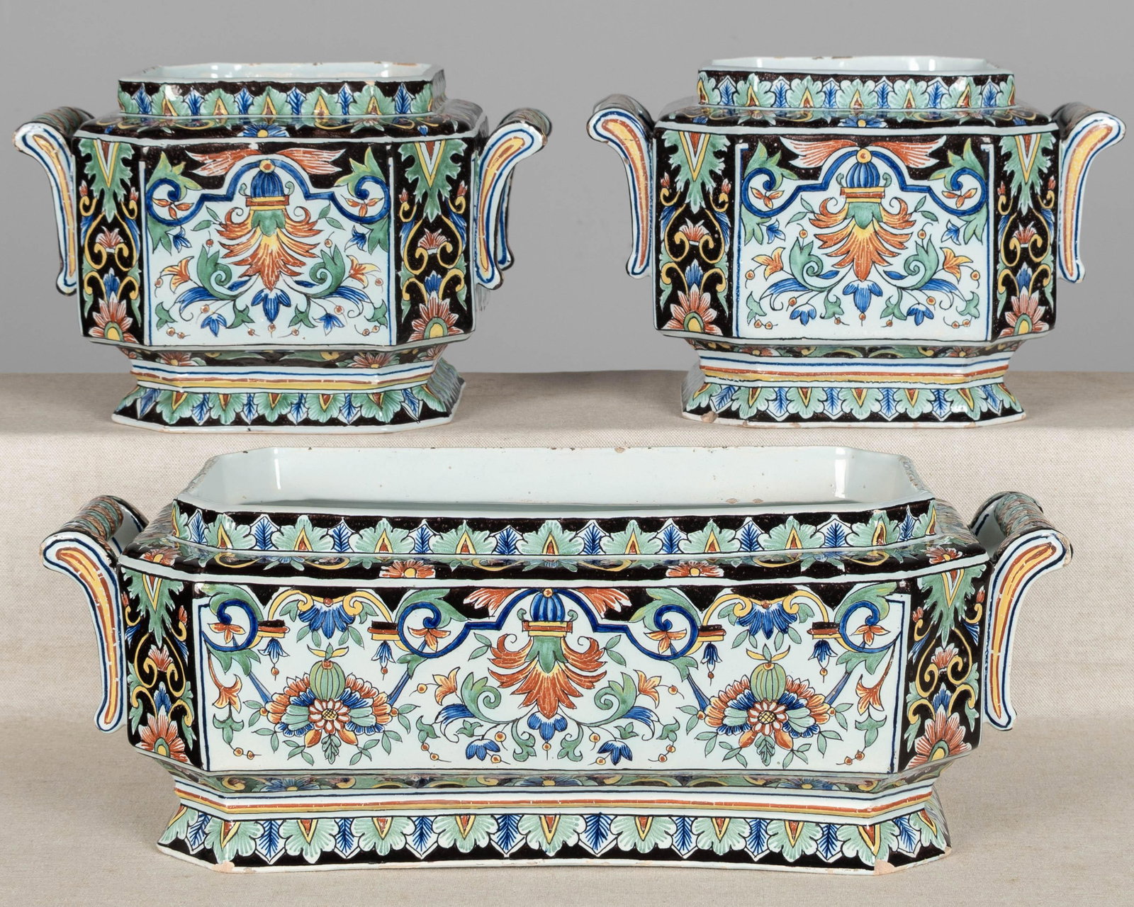 19th Century French Desvres Jardinière and Cachepot Set of 3 - 2