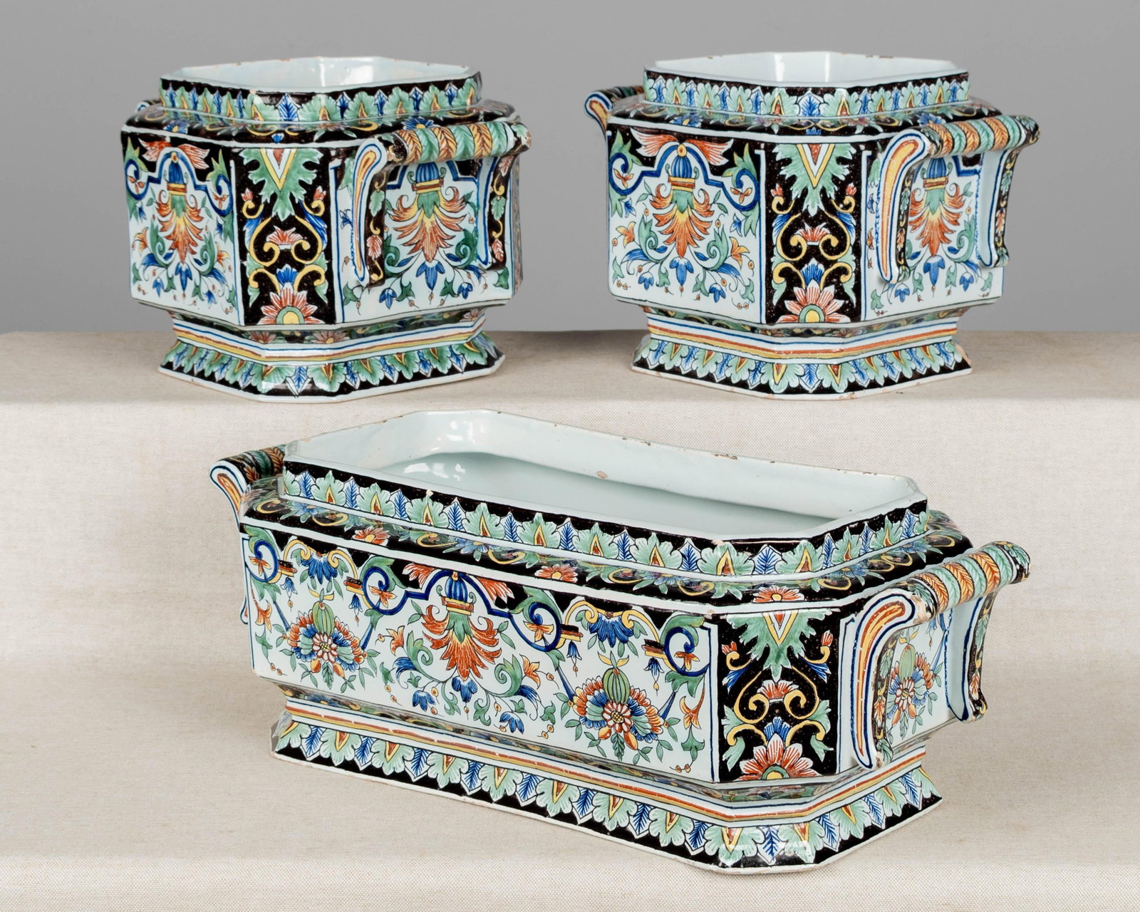 19th Century French Desvres Jardinière and Cachepot Set of 3 - 3