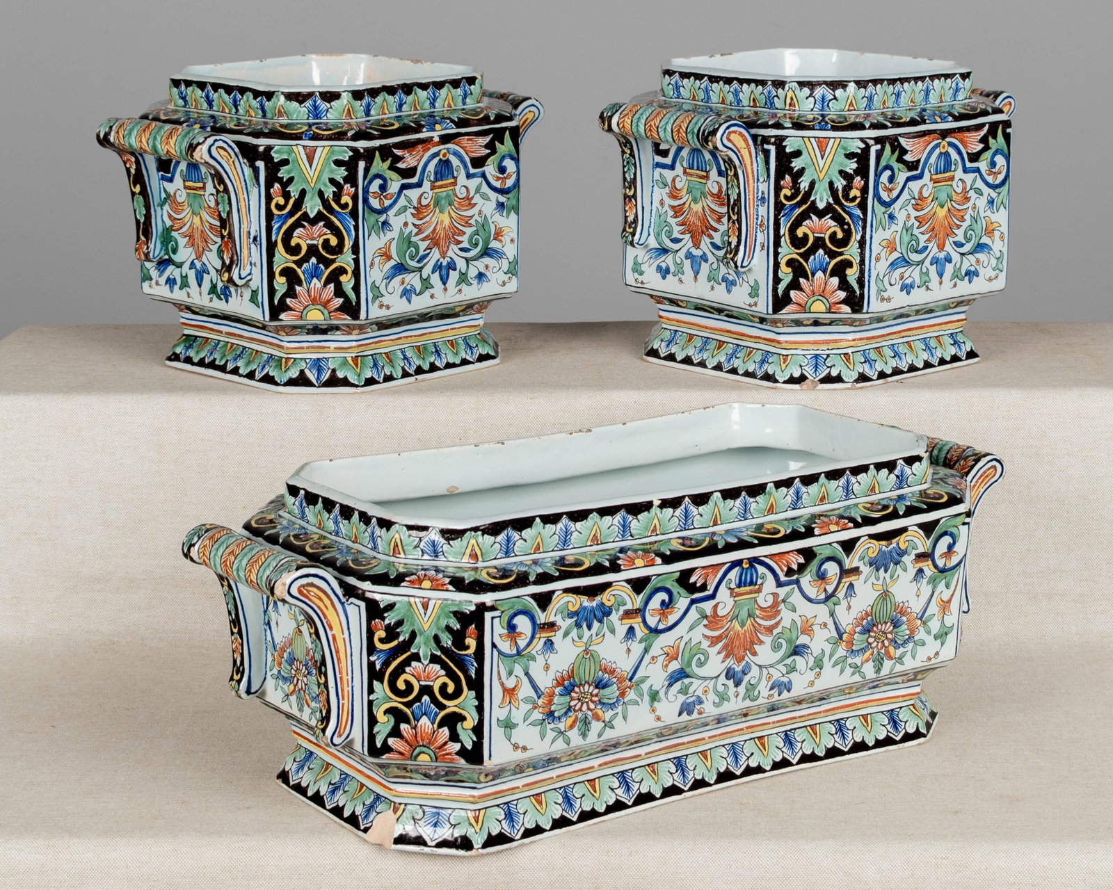 19th Century French Desvres Jardinière and Cachepot Set of 3 - 4