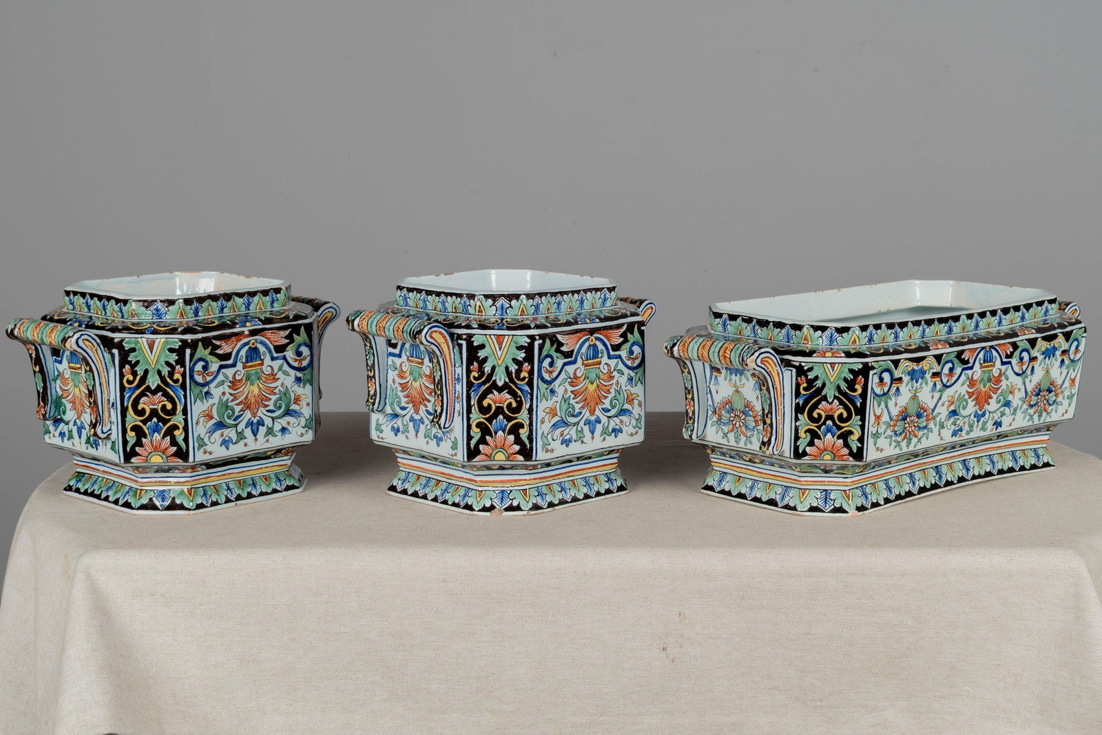 19th Century French Desvres Jardinière and Cachepot Set of 3 - 5