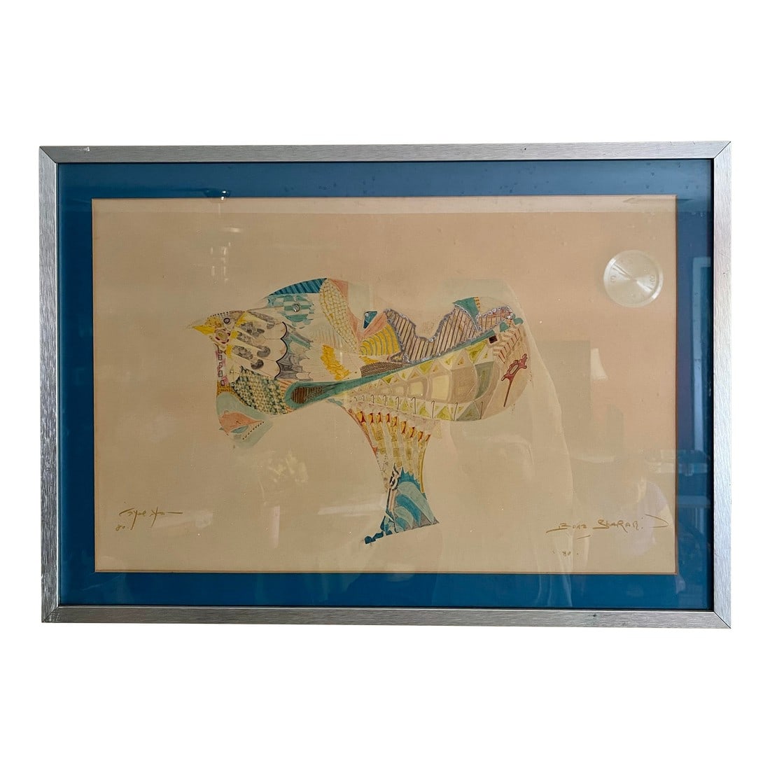 1980s Original Framed Abstract Art by Israeli Singer Boaz Sharabi: Original Art work from Israeli Singer Boaz Sharabi. This was personal made and given in the 1980s and then professionally framed in a silver metal frame. Boaz was born May 1947 in Tel Aviv, Israel.