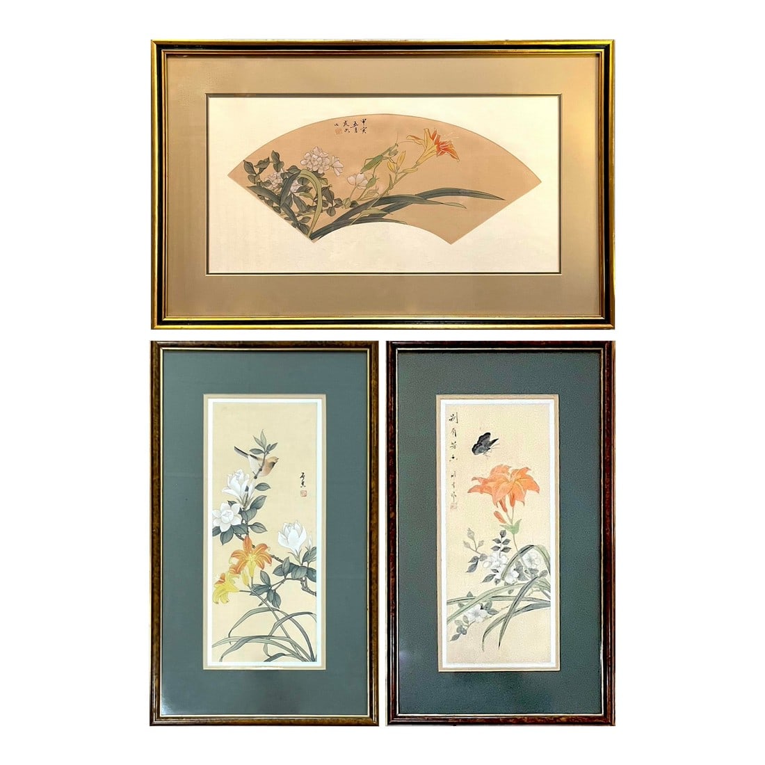 1980's Chinese Floral Paintings on Silk - Set of Three: Lovely group of three original 1980's Chinese watercolor paintings on silk. Each is signed. And mounted over a background of textured rice paper. Then surrounded by a double bevel card stock mat. And 