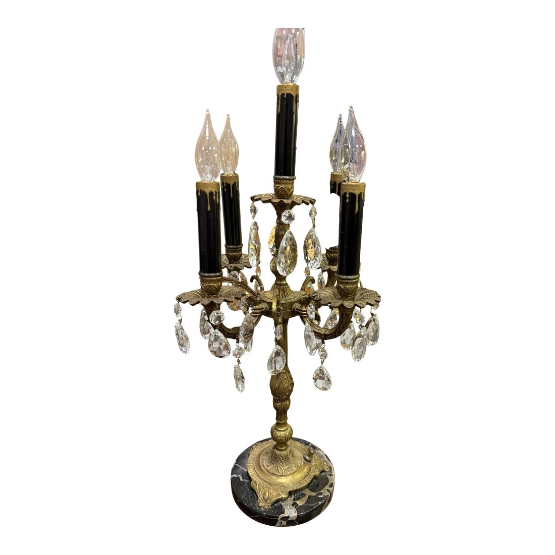 Vintage Spanish Brass Candelabra Lamp Crystal Prisms Lamp 23in: Vintage Spanish Brass Candelabra Lamp Crystal Prisms Lamp 23in Excellent condition fully working This vintage Spanish brass candelabra lamp with crystal prisms stands at 23 inches tall, making it a