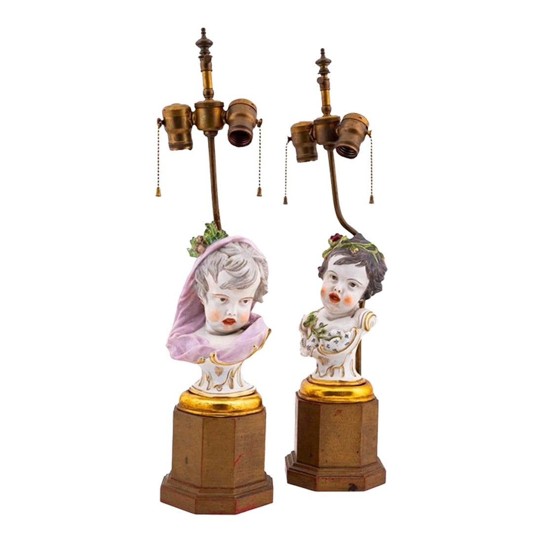 1920s Meissen Winter & Fall 4 Four Seasons Series by Heinrich Schwabe Circa 1880 Lamps - a Pair: Meissen Winter & Fall 4 Four Seasons Series by Heinrich Schwabe circa 1880 Lamps Allegorical children busts made into Lamps mounted on 2 light lamps. It's a pair of lamps. Not examined for marks