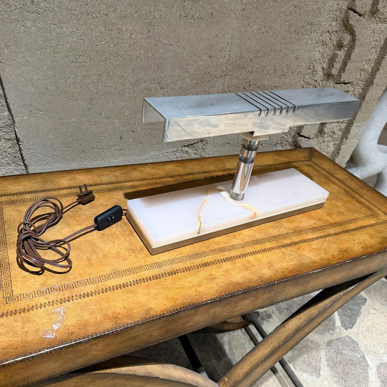 1960s Mid-Century Modern Modern Desk Lamp Polished Aluminum Shade Luxurious Stone - 15