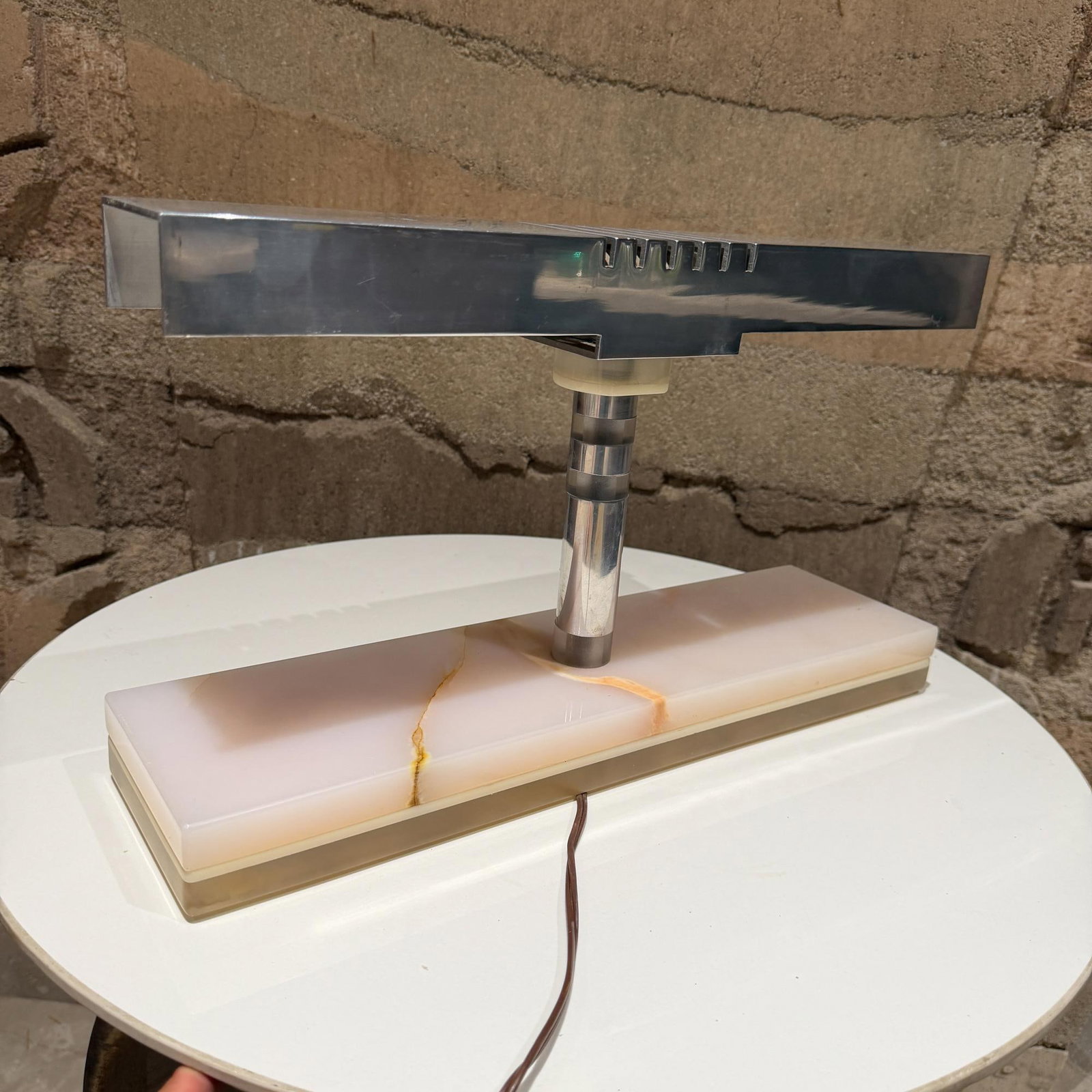1960s Mid-Century Modern Modern Desk Lamp Polished Aluminum Shade Luxurious Stone - 4