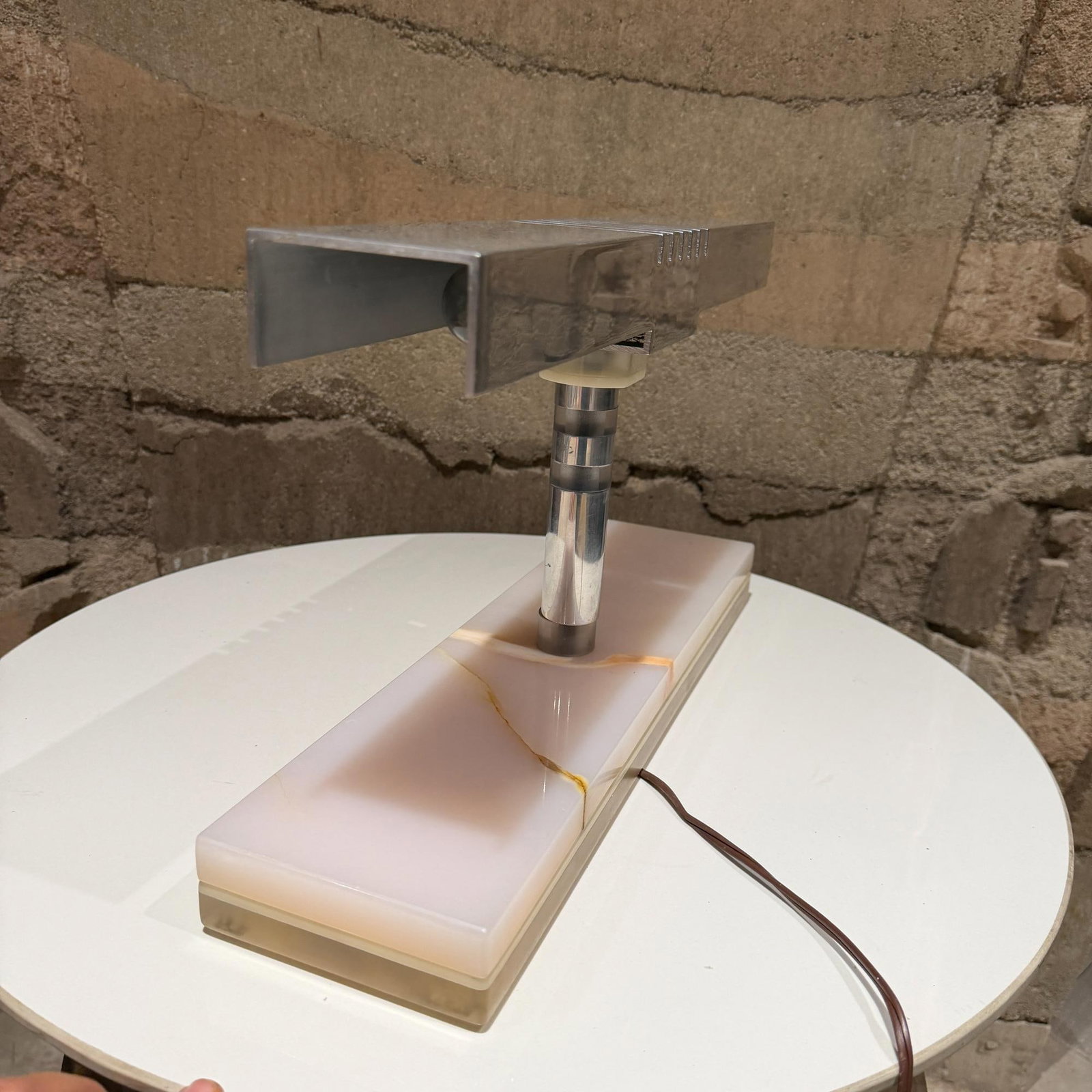 1960s Mid-Century Modern Modern Desk Lamp Polished Aluminum Shade Luxurious Stone - 5