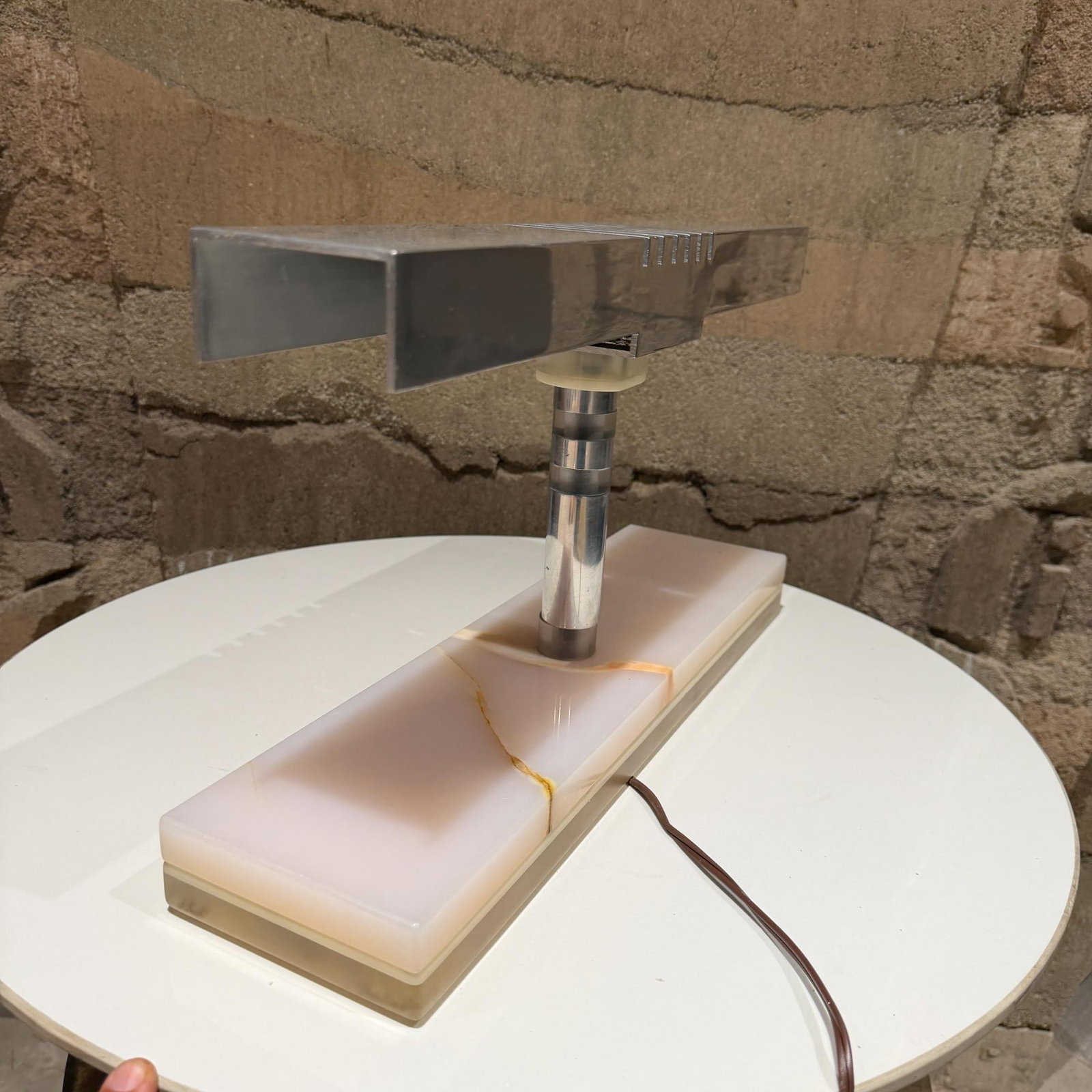 1960s Mid-Century Modern Modern Desk Lamp Polished Aluminum Shade Luxurious Stone - 6