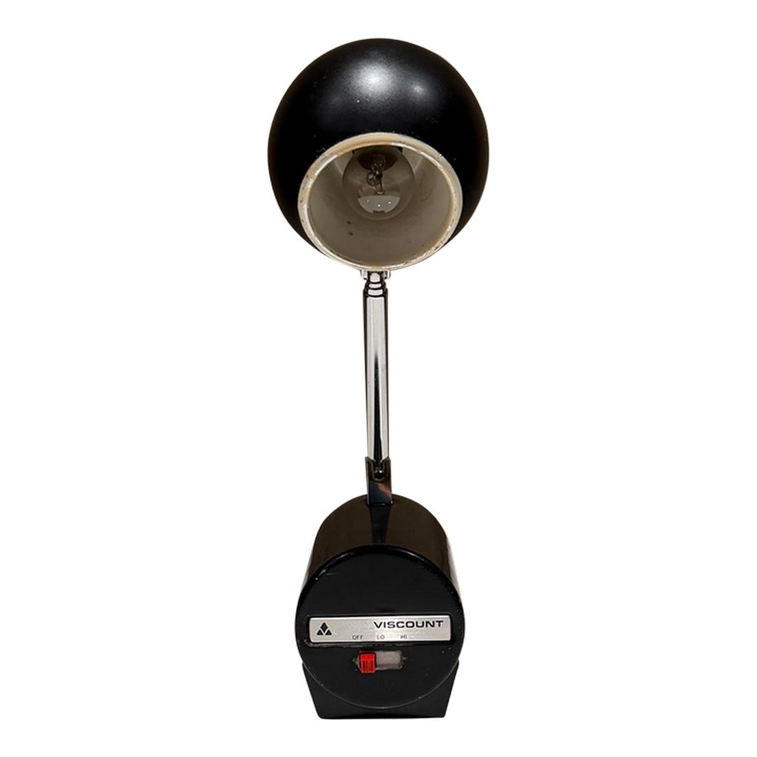 1960s Space Age Desk Lamp by Viscount Japan After Lightolier Lytegem: For your consideration, a vintage 1960s space age desk lamp manufactured by Viscount in Japan, styled similarly to the Lightolier Lytegem. Features a matte black metal body, a red on/off switch, and