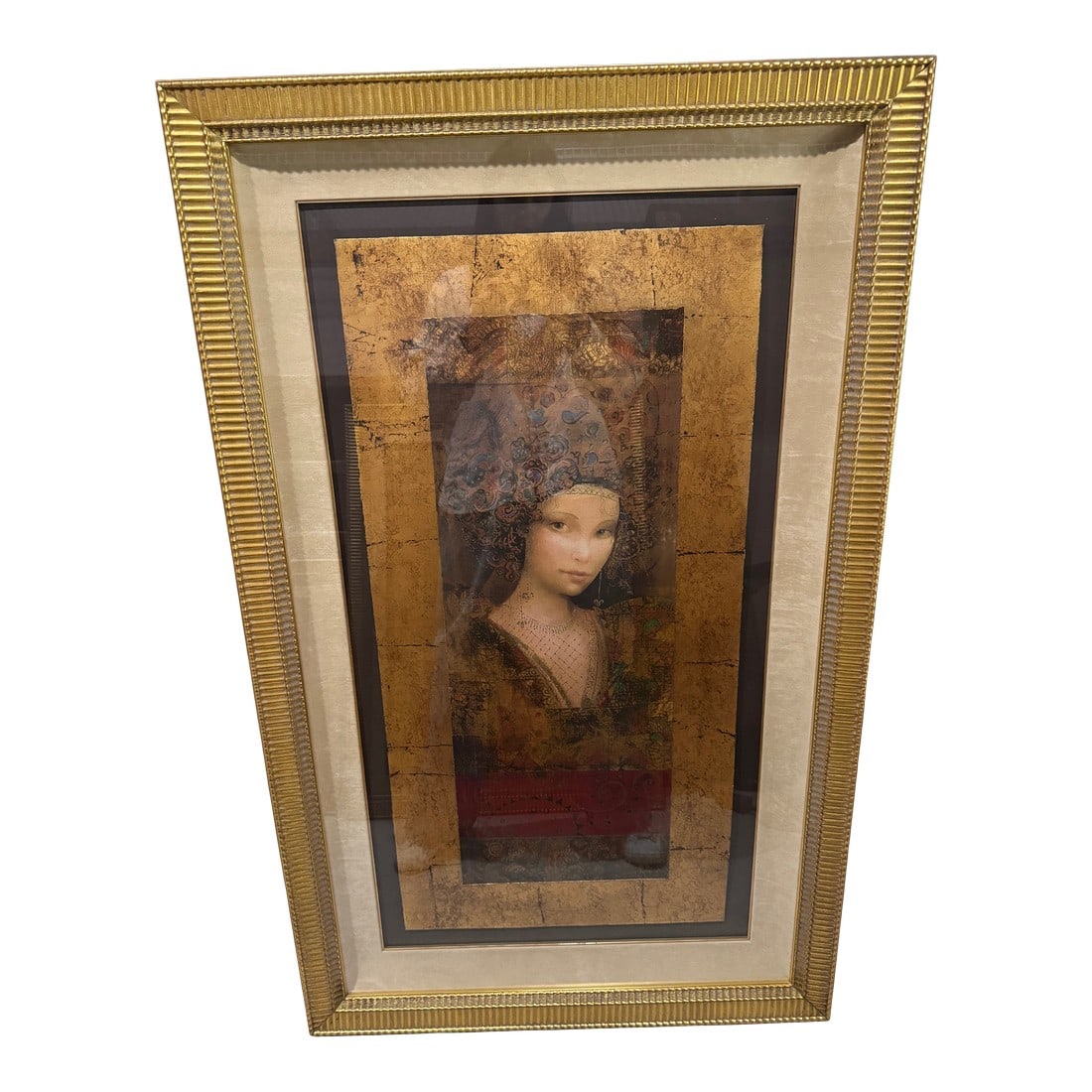 Late 20th Century Csaba Markus "Lucia" Limited Edition Signed Serigraph Ap 6/46 – Gilt Frame,: A richly composed limited edition serigraph titled Lucia by contemporary artist Csaba Markus, known for his romantic, Renaissance-inspired portraiture. This work features a finely rendered female figu