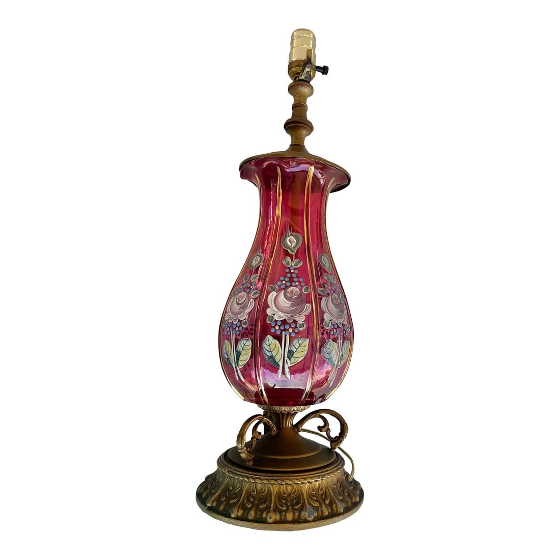 Vintage Floral Hand Painted Pink Glass Lamp: Beautiful hand painted Pink Raspberry Glass Lamp. Bradburn Gallery label on socket. Hand painted flowers with toleware accents. Measures 22 inches high with 7 1/2 inches diameter. Condition: